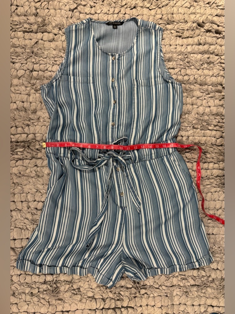Zac & Rachel Striped Blue Tie-Waist Button Front Romper - Picture 6 of 9